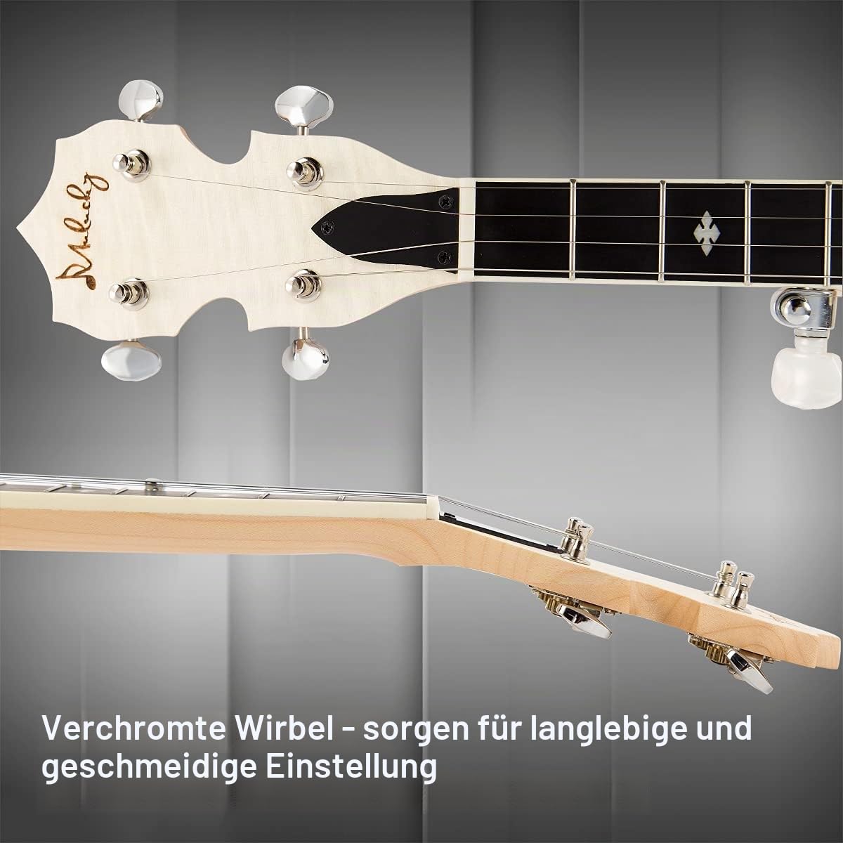 Mulucky 5-saitiger Banjo Mini, Reise-Banjo mit Remo Kopf, Resonator und 5. Stimmgerät, Anfangsset mit Stimmgerät, Gurt, Schlüssel, Plektren, Lineal – B803