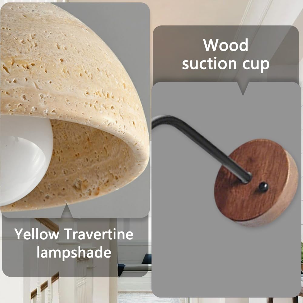 Applique da parete retrò industriale in legno con ventosa, applique in travertino giallo giapponese, lampada interna in pietra naturale collegamento cablato
