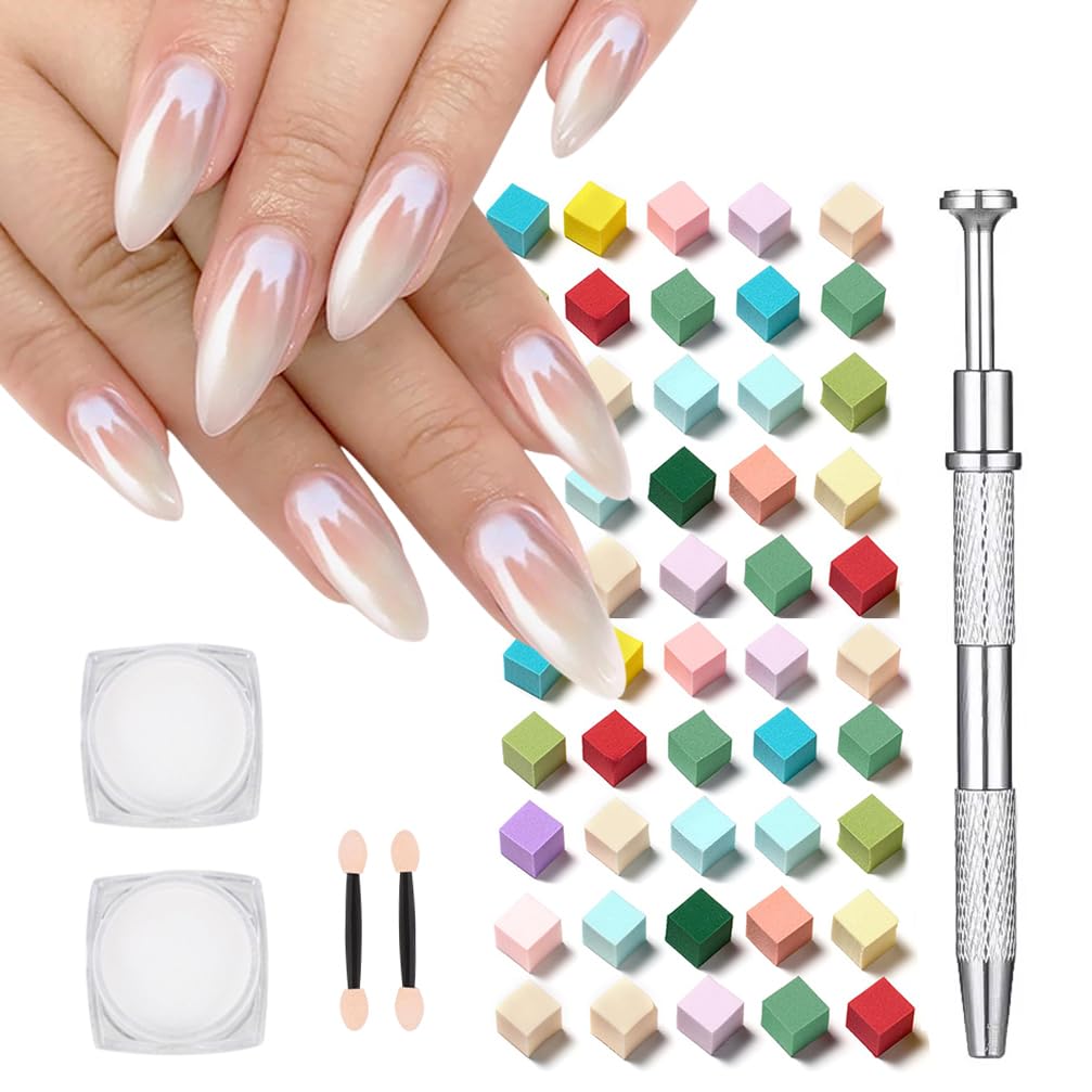 White Pearl Chrome Nail Powder Sets for Christmas Decorations,Iridescent Aurora Powder Metallic Mirror Effect Pigment Pearlescent Mermaid Pigment Pearl Glitter Dust Kit Nail Sponge with Grabbing Pen