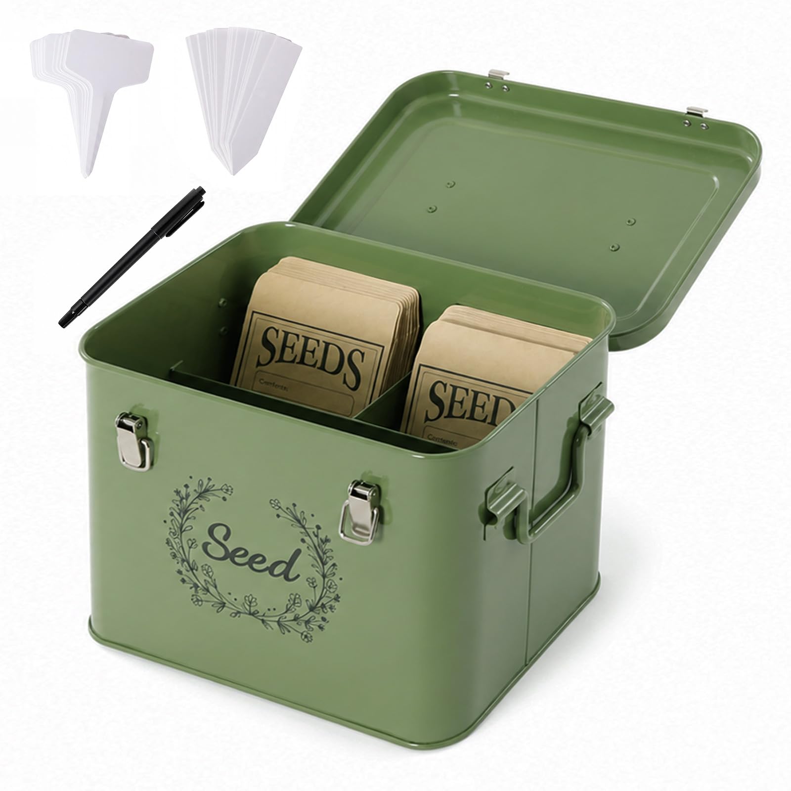 TOQUE Seed Storage Box Organiser,3 Compartment Metal Seed Storage,Green