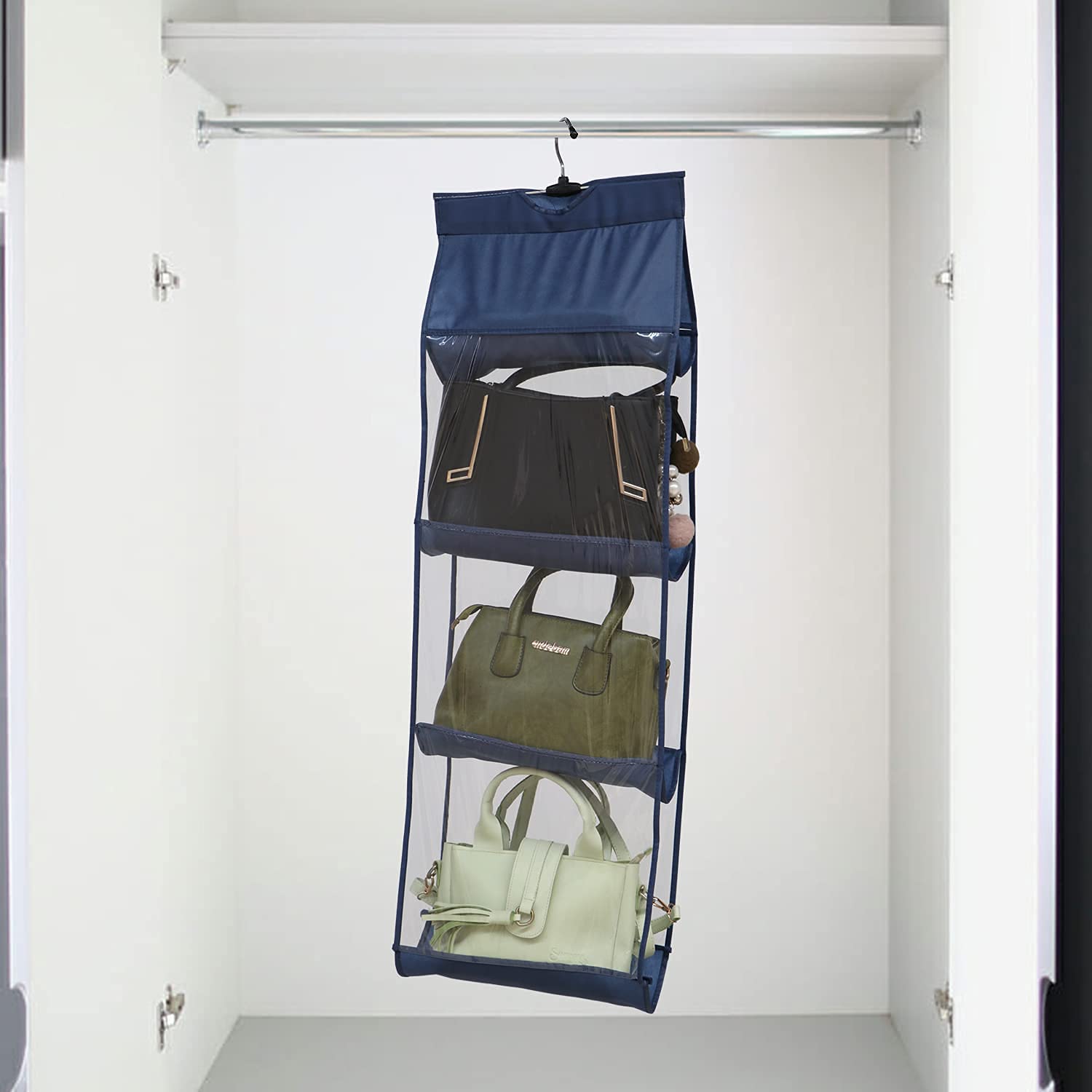 RHYDON 4 Pocket Foldable Hanging Purse Handbag Organizer for Storage Ladies Women Large Clear Hand Bag Storage Closet Tidy Wardrobe Rack Hanger Holder for Fashion Handbag Clutch Purse Pouch -Navy Blue