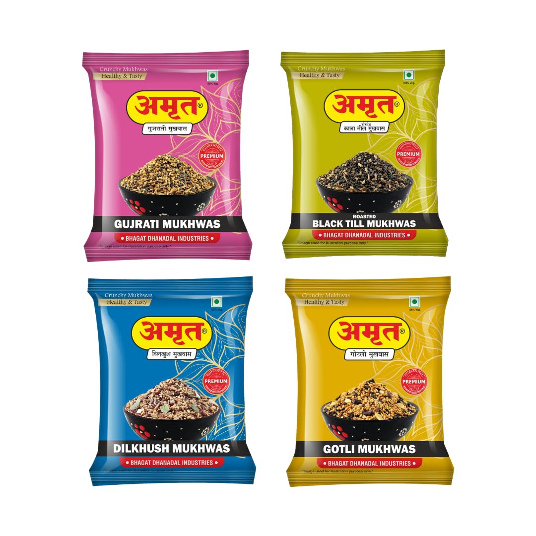 Mukhwas Combo Pack – Gujrati, Dilkhush, Gotli & Black Till (200g Each) | Crunchy Traditional Indian Digestive Mouth Freshener | Ready-to-Eat After-Meal Snack | Pack of 4 – 800g Total