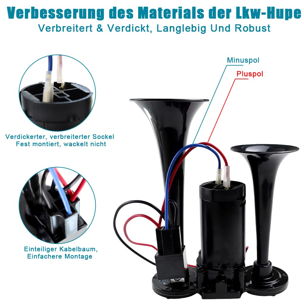 LKW Hupe 12V, 135DB LKW hupe, Doppelrohr Train Horn mit Kompressor, Lufthorn Druckluft Hupe Kit, für 12V Fahrzeuge LKW Lörries Züge Boote Cars Vans, Schwarz
