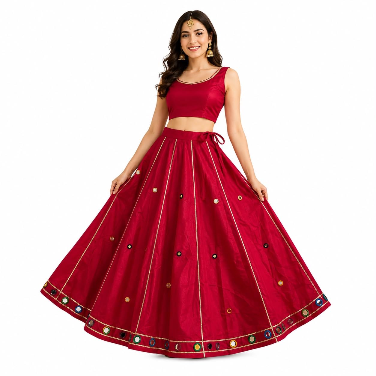 Women’s Traditional Cotton Blend Flared Navratri Lehenga Skirt | Bottle Green Ghagra Chaniya with Faux Mirror Work & Gota Patti Border | Free Size Garba & Dandiya Night Outfit(LIGHT RAANI)-image-34