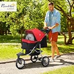 PawHut Pet Poussette pour petits chiens, 3 Roues en caoutchouc Pet Jogger, Poussette pour chien tout-terrain pliable, Canopée réglable, Porte de fenêtre en maille zippée, Panier de rangement, Rouge