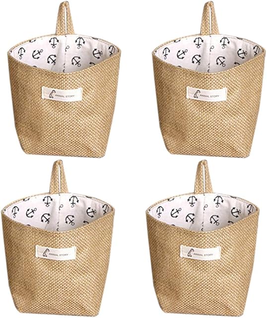 Cotton Linen Storage Basket Bag Glodenbridge Foldable Storage Basket Bag with Handle, Home Organize Box for Home Closet Toys Office Desktop, Bedroom.(4 Pack)