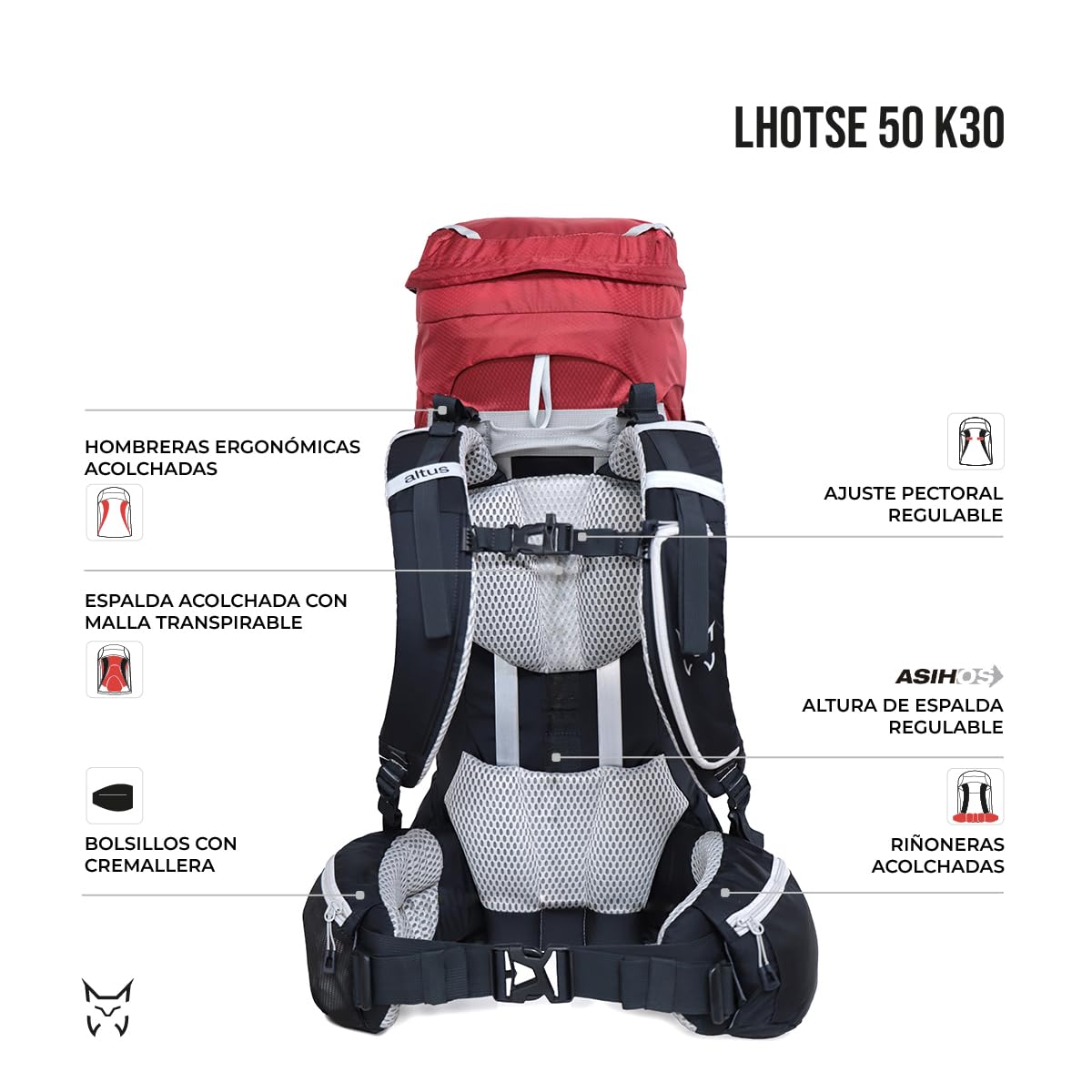 ALTUS Lhotse 50 K30 Mochila de Montaña y Trekking 50 Litros Unisex | Espalda Regulable y Transpirable, Apertura en U, Acceso Inferior, Portaesquís