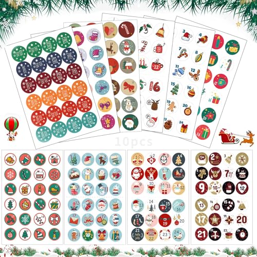10 Packs D’autocollants Calendrier De L’Avent – Numéros 1 à 24 Ronds – Décorations Noël DIY – Idée Déco Calendrier Maison, Cadeaux, Emballages