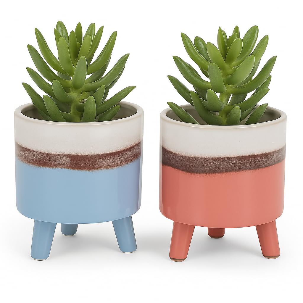 Muddy Hands Set of 2 Colourful Blue & Pink Ceramic Planters with Legs Indoor Home Decorative House Plant Pot Cover Holder