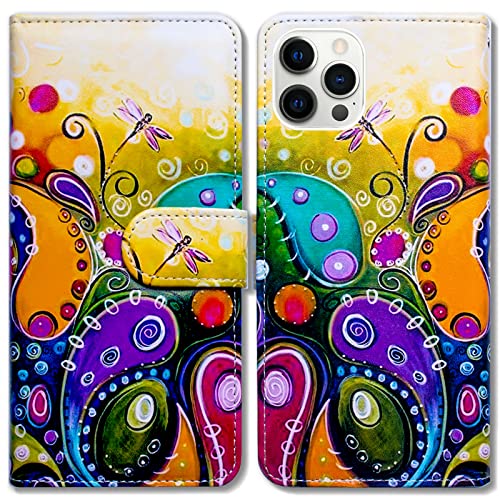 Bcov Case for iPhone 13 Pro, Colorful Dragonfly Leather Flip Phone Case Wallet Cover with Card Slot Holder Kickstand for iPhone 13 Pro