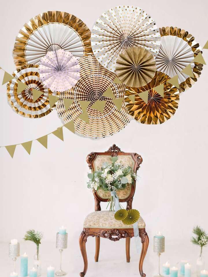 Sky Shot Made in India Paper Fan 8pcs/Set Round Wheel Golden Paper Fans Specially for Home&Party Birthday Wall,Anniversary,babyshower,Wedding Decoration Item.etc