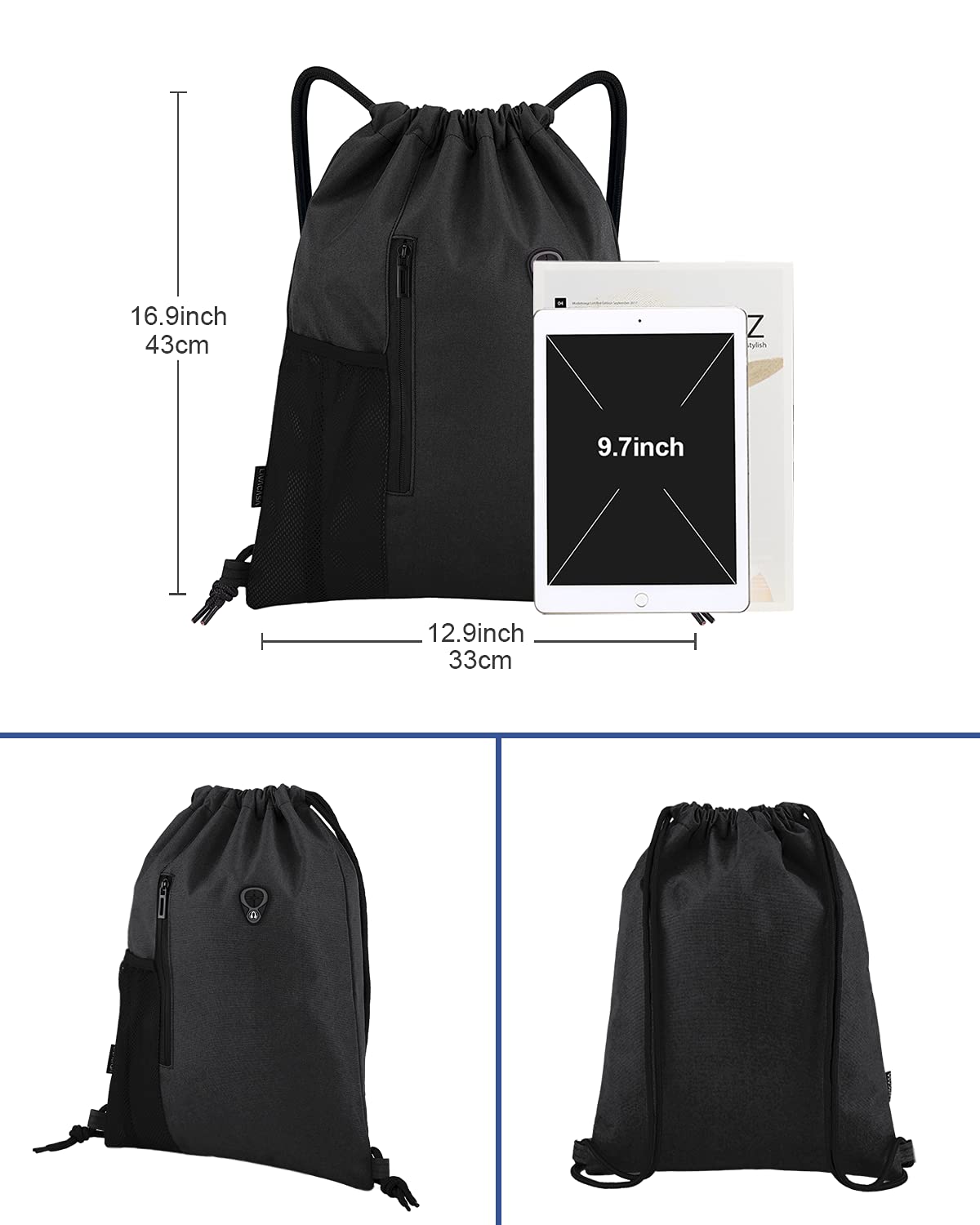 LIVACASA Mochilas de Cuerdas Mujer Hombre Toma USB para Auriculares con Bolsillos Mallas para Botellas Tela Oxford Bolsa de Cuerdas Mochilas Impermeables para Yoga Gimnasio Deportes — view 2