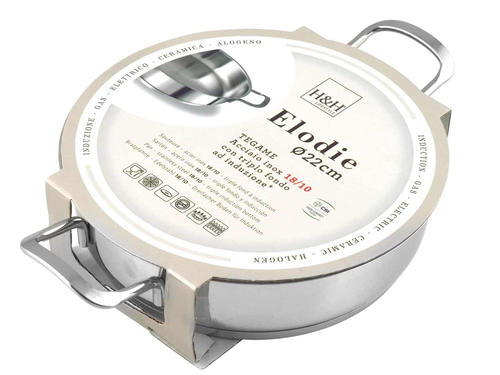 H&H Tegame Inox Elodie F/Ind Due Manici 22 Lt1,5 Pentole E Preparazione Cucina, Acciaio Inossidabile, Argento, 22 cm