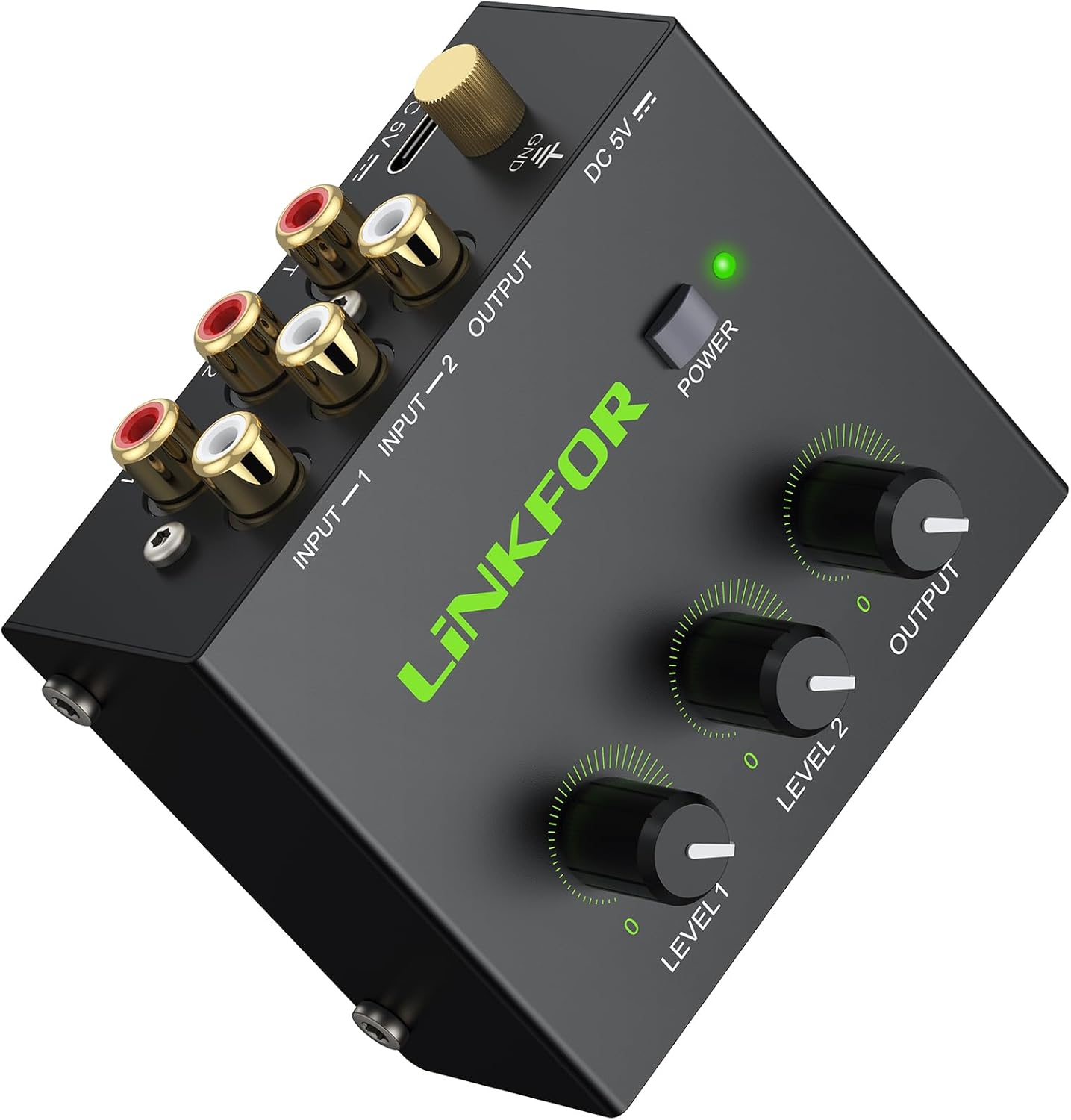 LiNKFOR 2-Channel RCA Audio Mixer – Powered Stereo Mixer with Independent & Master Volume Control Gold-Plated RCA Connectors, Compact Audio Mixer for Amplifiers and Speakers with Power Supply