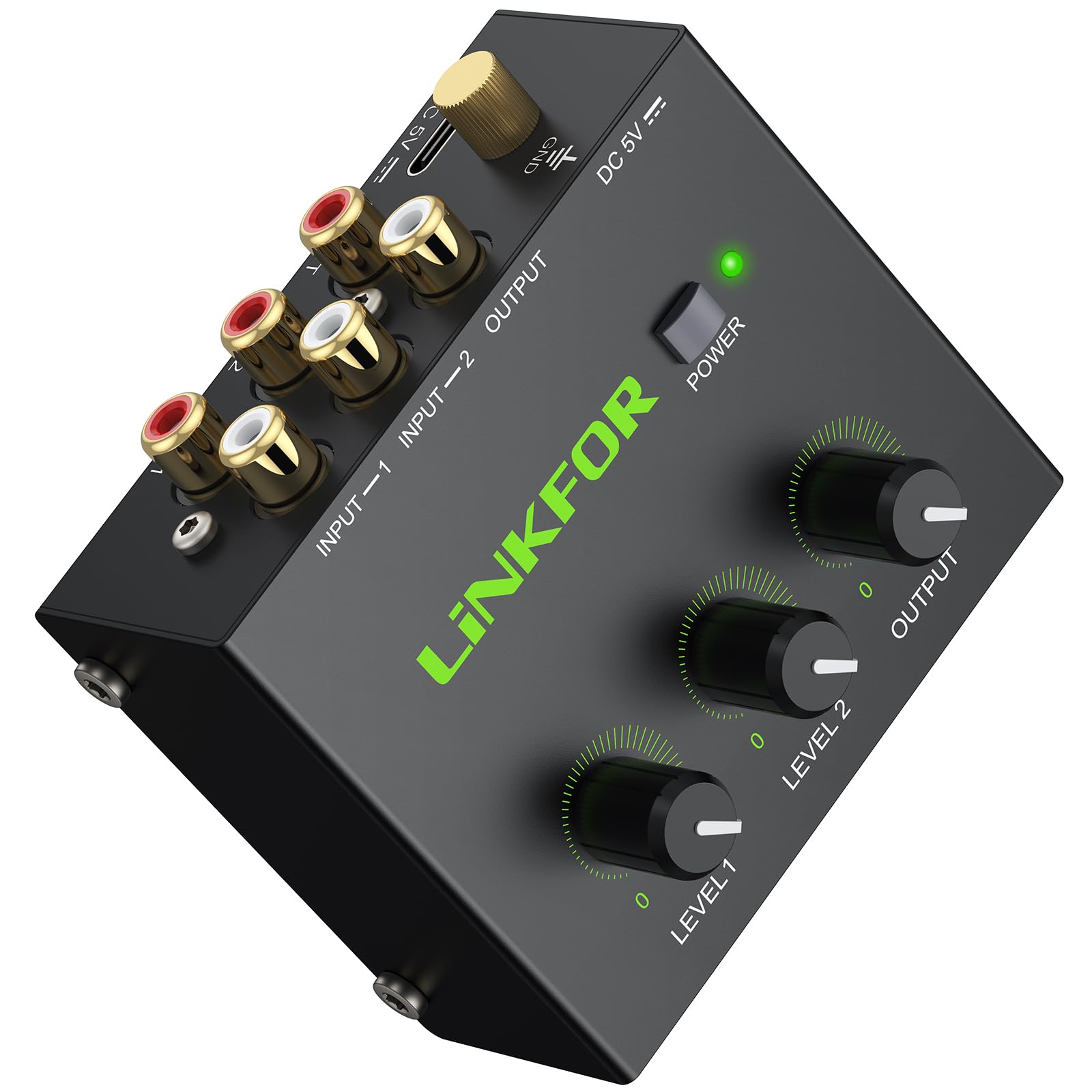 LiNKFOR Mini Mezclador de Audio RCA de 2 Canales,Mezcla de Sonido con Adaptador de Corriente Soporta Control de Volumen para PC/Altavoz/Amplificador