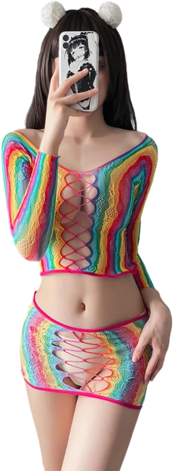 Women's Mesh Lingerie Fishnet Babydoll, Mini Dress See Through Shirts Rainbow Striped Fishnet Bodysuit