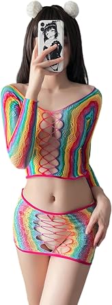 Womens Mesh Lingerie Fishnet Babydoll, Mini Dress See Through Shirts Rainbow Striped Fishnet Bodysuit