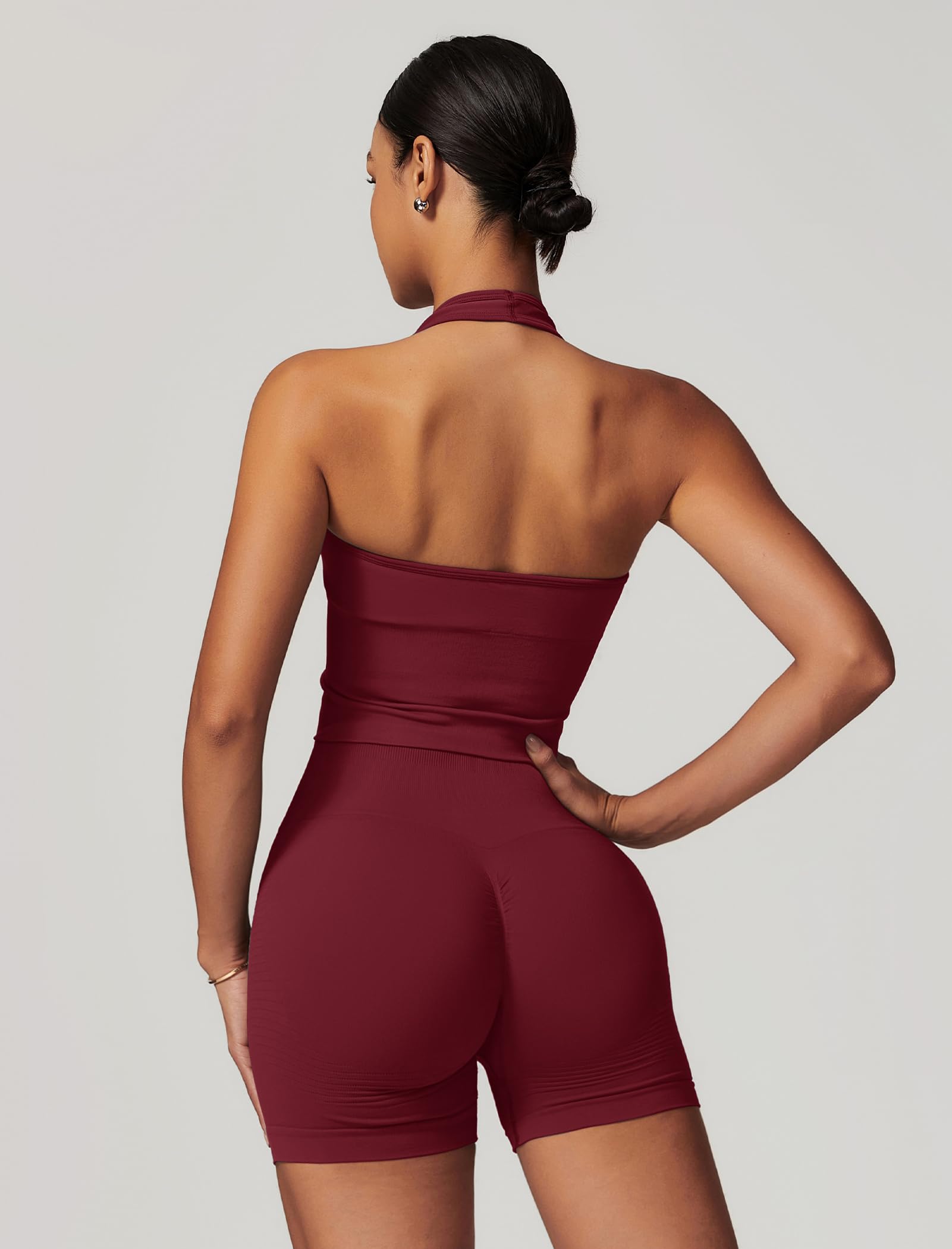 Odizli Sport Set Damen Kurz Neckholder V-Ausschnitt BH Top + High Waist Shorts Gym Fitness Outfit