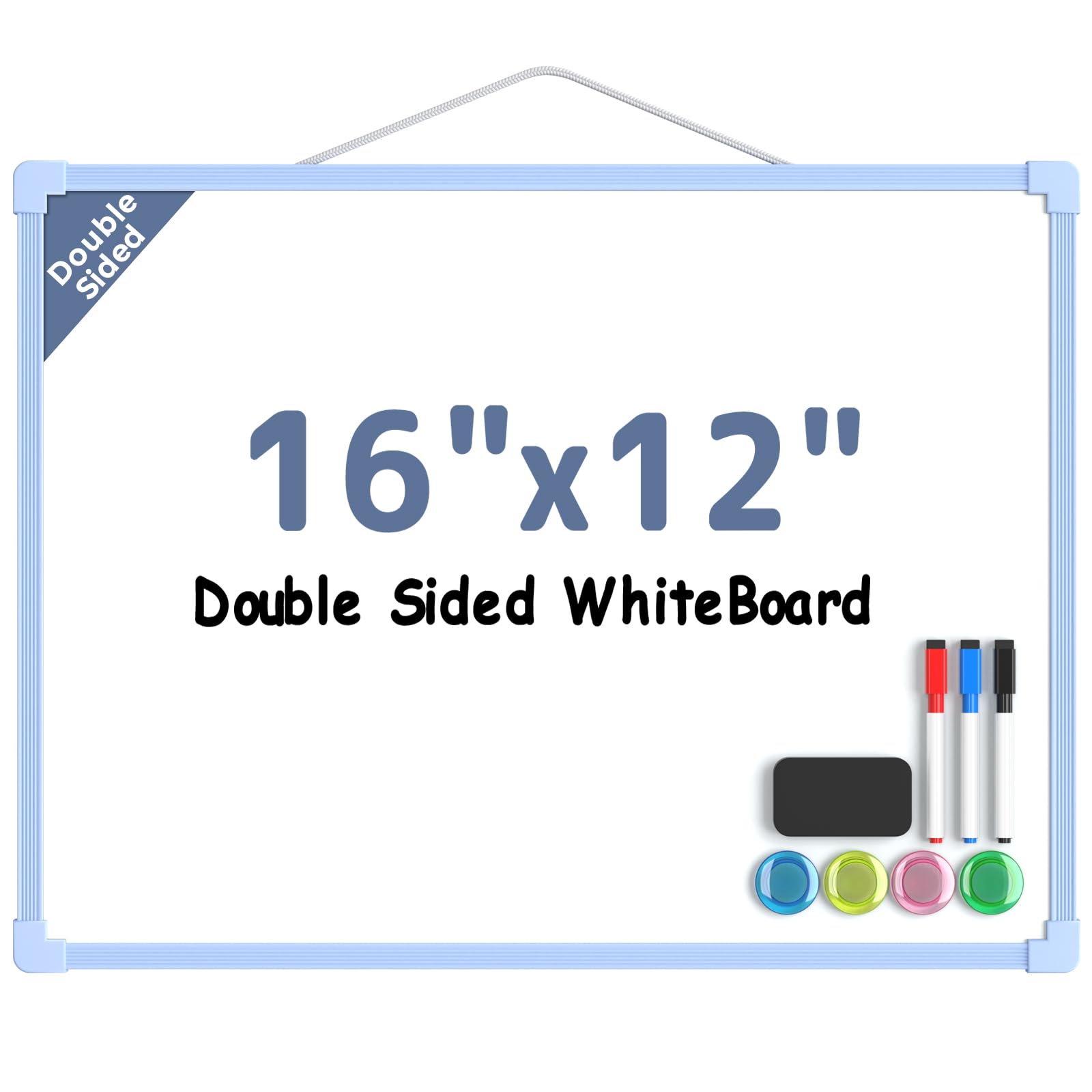MaxGear Double-Sided Dry Erase Board for Wall, 16"x12", Blue Frame | Small White Board, Includes 3 Markers &amp; 4 Magnets, Portable hanging Whiteboard for Home, Office, Double Sided Tapes Included