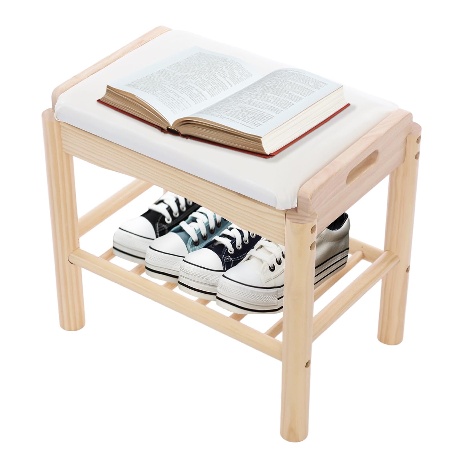 Zapatero de madera con asiento, 45 x 30 x 40 cm, zapatero con cojín, 2 niveles para pasillo, entrada, salón (color registro)