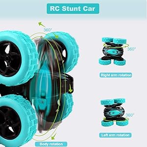 Remote Control Car: Double Sided 360Rotating 4WD RC Cars 2.4GHz Electric Race Stunt Toy Car Rechargeable Toy Cars for 6 7 8 9 10 11 12 Year Old Boys Girls Kids Christmas Birthday Gifts Cyan