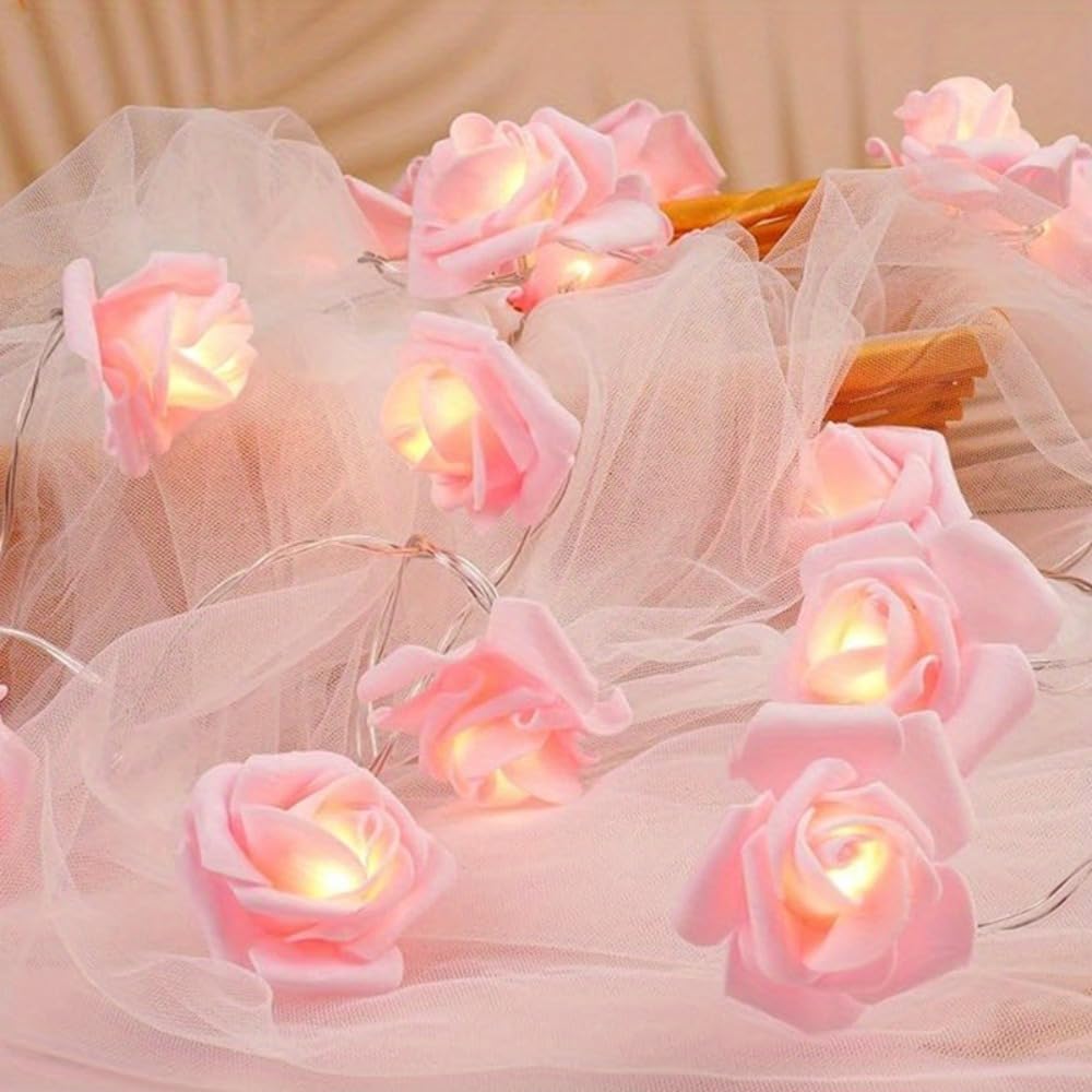 Artificial Rose String Lights, Battery Box Not Included for Home Wedding Festival Holiday Decor, Pink