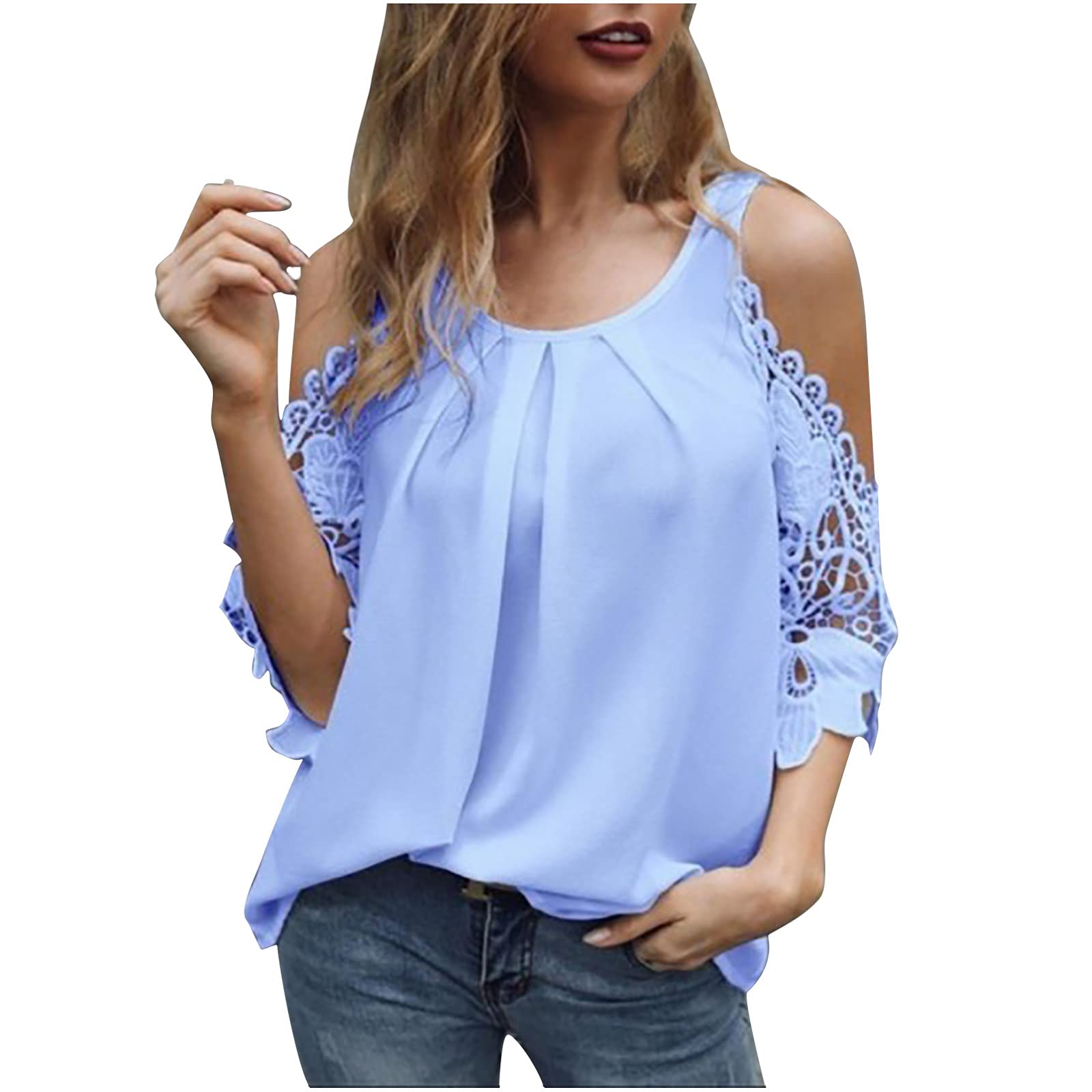 Sopaeduon Camisas de mariposa para mujer, manga 3/4, hombros descubiertos, encaje con cuello redondo, casual, floral, ahuecada, camisetas
