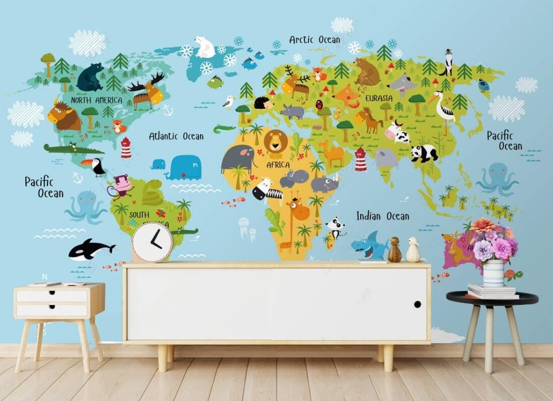 Papel Pintado Mapamundi Fotográfico Tejido No Tejido 3d Mural Fresco Del Paraíso Animal Del Mapa Del Mundo De La Historieta 430cmx300cm Madera Rayas Naturaleza Niña Chicos Fotomurales