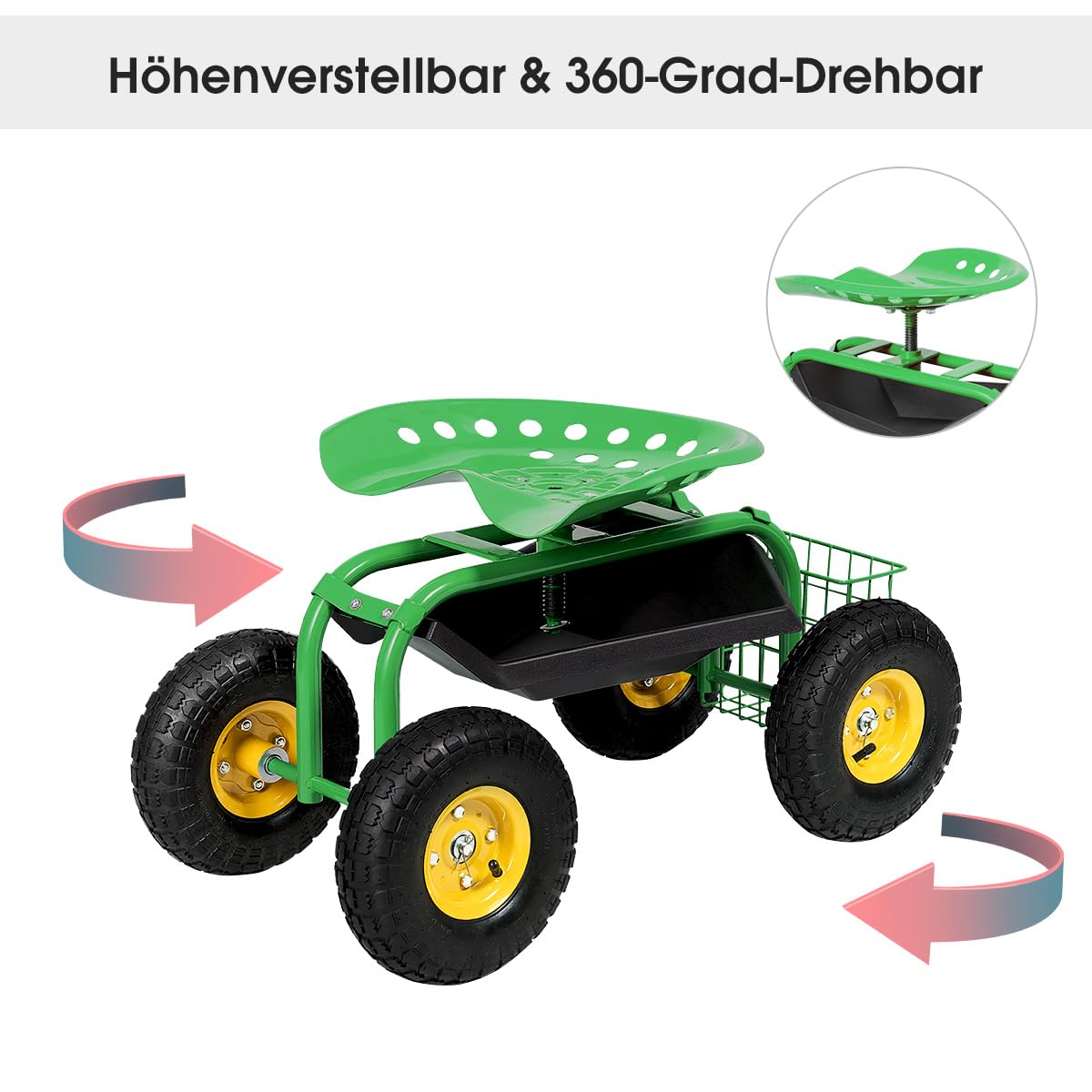 RELAX4LIFE Rollsitz mit Ablage & Korb, Gartensitz mit 4 Rädern, Gartenrollsitz 360 ° Drehbar & Höhenverstellbar 46-53cm, Fahrbarer Arbeitssitz, bis 150kg Belastbar, für Gartenarbeit Autopflege(Grün)