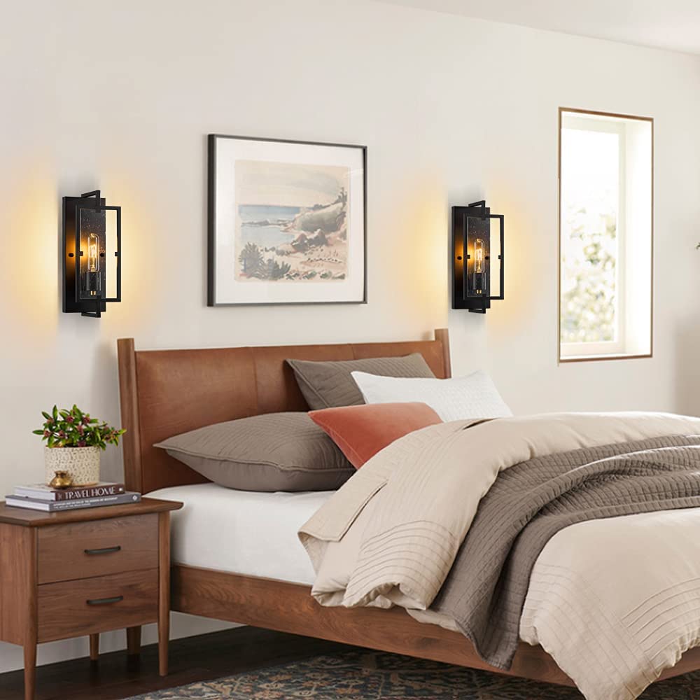 Wall Sconces, Wall Lights Set of 2,Seeded Glass Lampshade Rustic Matte Black Home Decor Wall Lamp Fixtures Farmhouse Industrial Lighting for Bedroom Living Room,Bar,E26 Base, Hardwired, Bulb Included