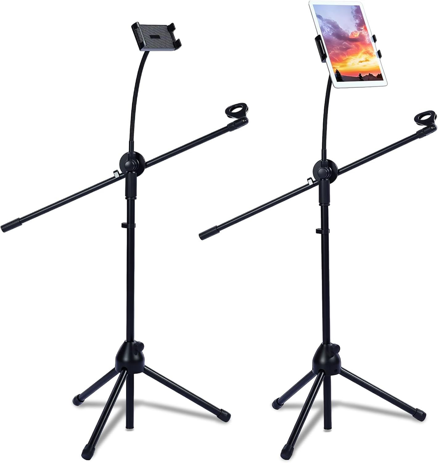 Sherr 2 Pcs Microphone Stand Boom Bulk, Adjustable Height Tripod Mic Stand with Dual Clip Foldable Universal Heavy Duty Tripod Holder for Livestream Singing Stage (Mic with Tablet Holder)