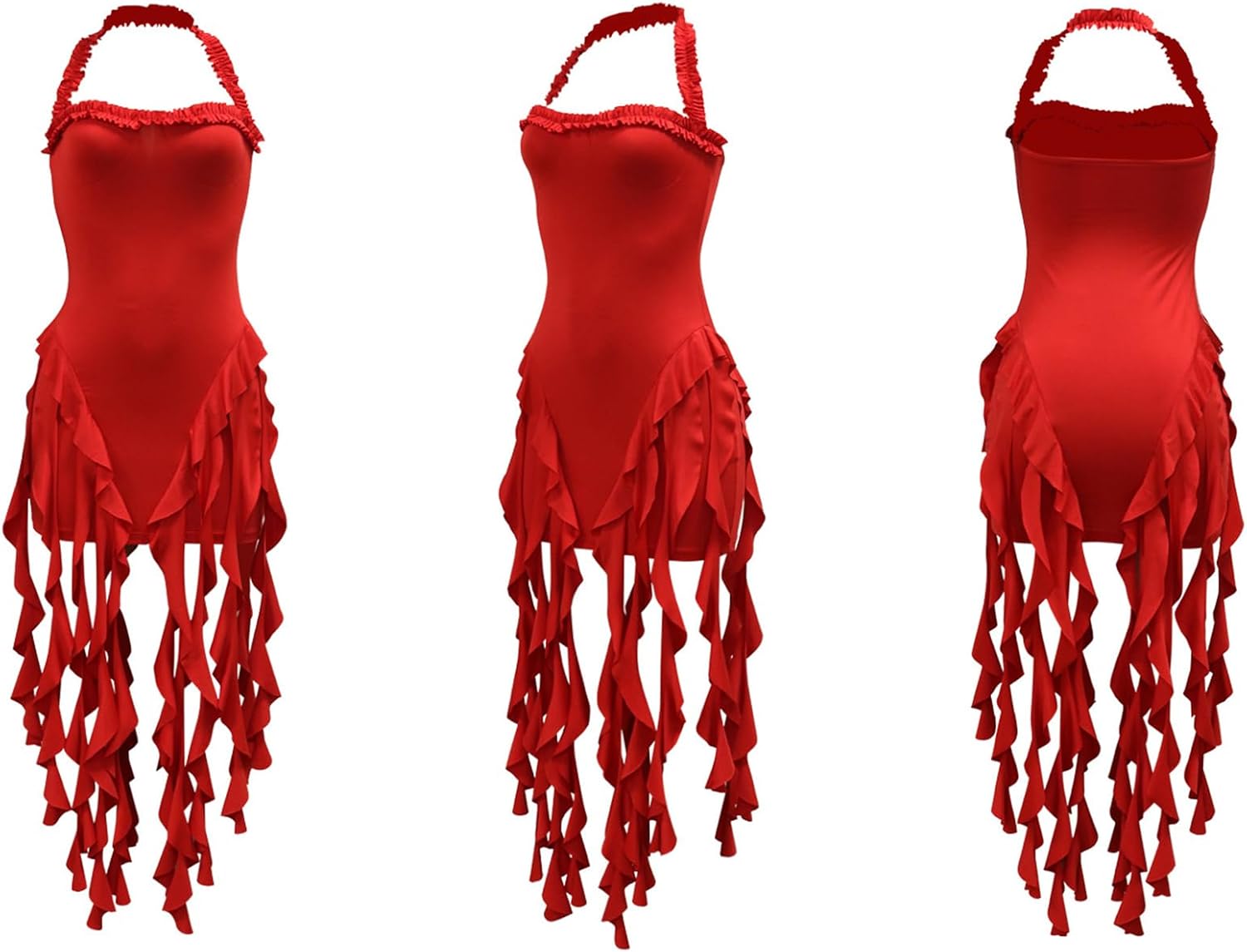 Ecirod Womens Summer Ruffle Fringe Mini Dress Sexy Halter Backless Cocktail Party Short Bodycon Tassel Dresses - Image 3