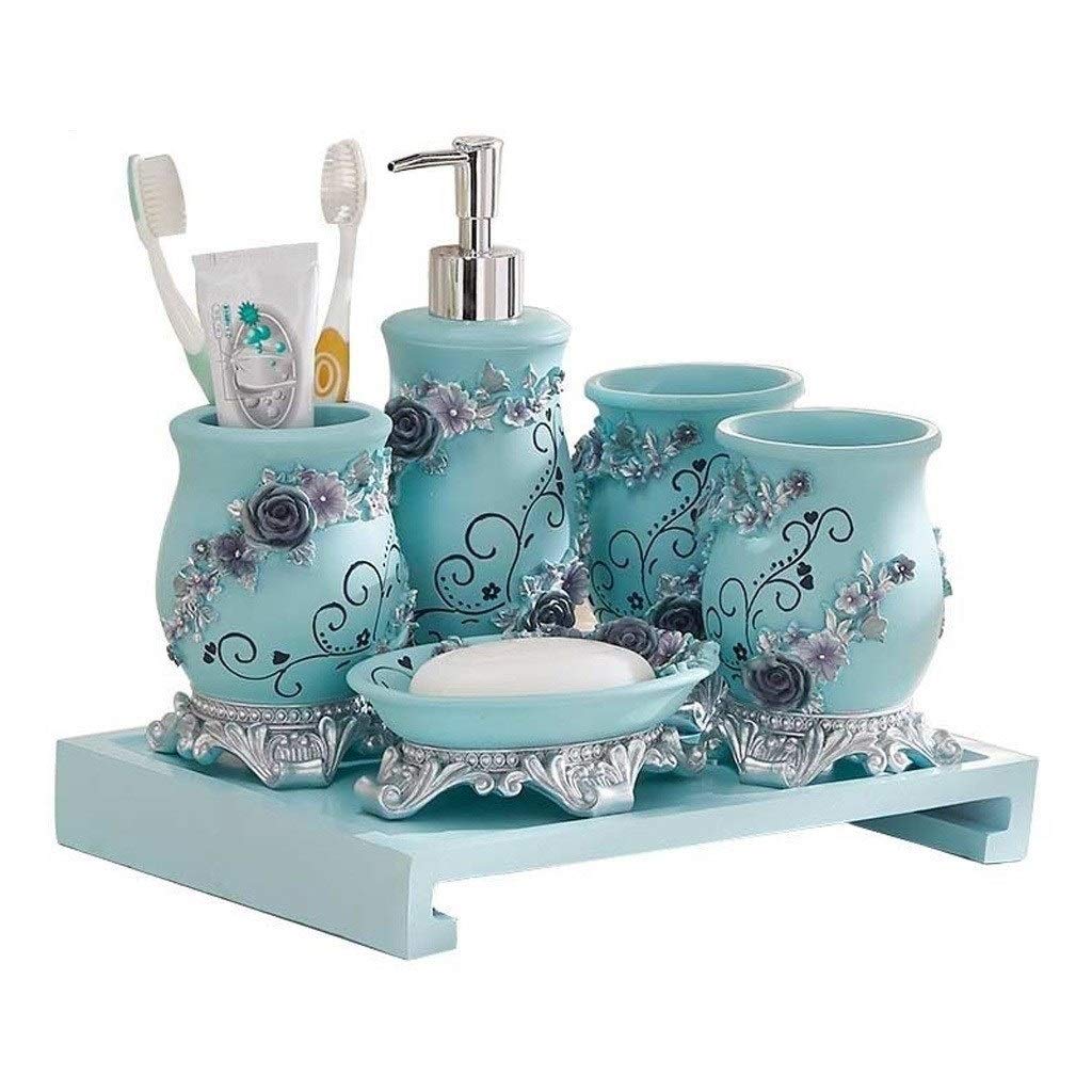 Dosificador de jabón Hogar Baño Tridimensional de Lavado de Grabado Decorativo dispensador de jabón de Mano del Sistema de Seis Piezas de combinación (Azul) dispensador de jabón líquido