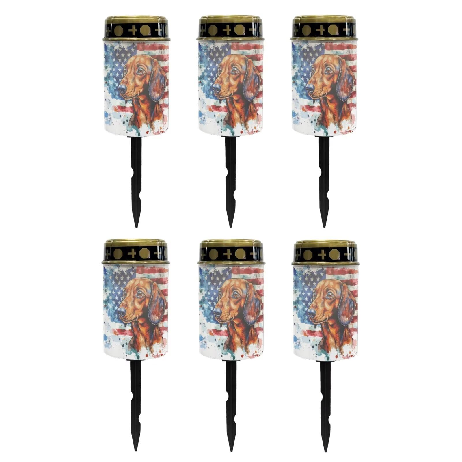 Poceacles 6 Pieces Solar Lights Outdoor Waterproof Cemetery Solar Outdoor Candle Grave Solar Decoration Solar Votive Candles Blessed Candles for Loss of Loves One, Dachshund American Flag