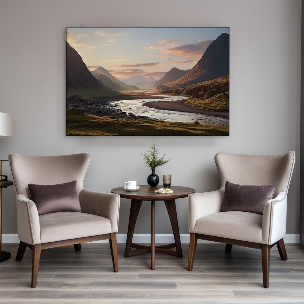 Canvas for Living room. Twilight Serenade by Nature's Symphony: Where Rivers Wind and Mountains Whisper, 27 x 18 inch Canvas Wall Art - Modern Home Decor