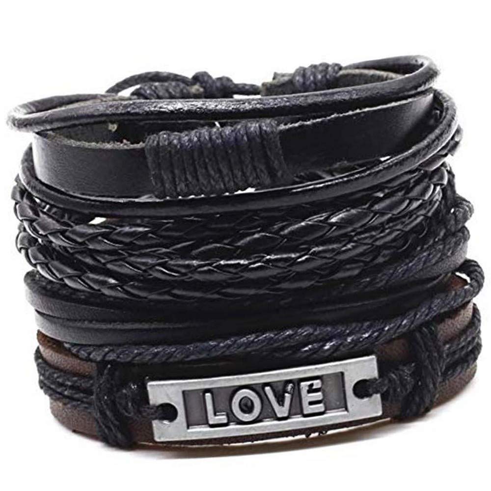 University Trendz Tastic Black Leather with Love Metal Studded Dyed Rope Natural Beads Wrist Bracelet for Men Casual Wear(Set of 4)