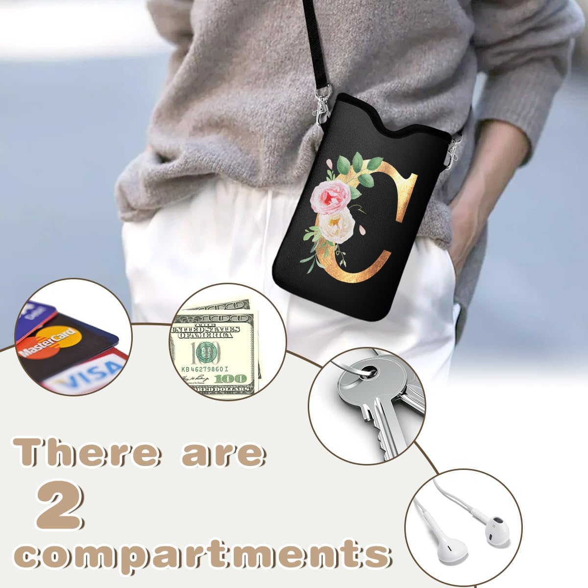 Initial Neoprene Cell Phone Sleeve Pouch 7.6"x4.3" with Crossbody Strap/Neck Lanyard,2 Pockets Inner Universal Phone Bag for Womem Men Shockproof Mobile Protection Case Bag-Black Letter-C Phone Pouch - Image 6