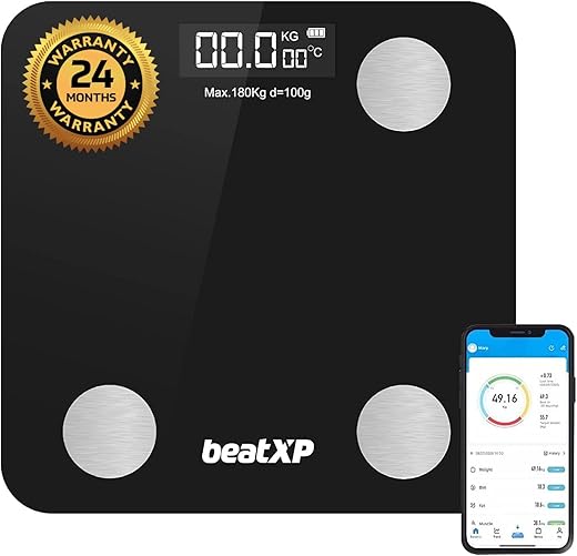 beatXP Smart Bluetooth BMI Weight Machine for Body Weight with 12 Essential Body Parameters, Wireless Body Composition Scale with Easy App Sync, 12…