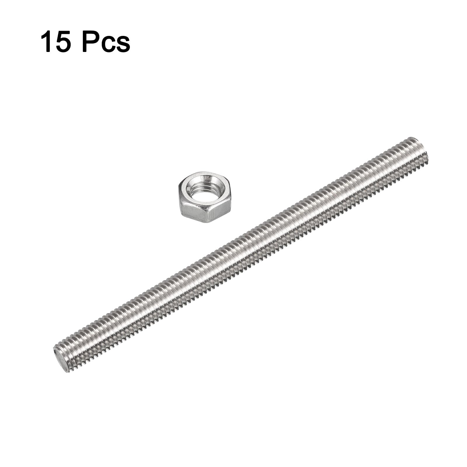 sourcing map 15 varillas totalmente roscadas M10 x 250 mm con 15 tuercas hexagonales, paso de rosca de 1,5 mm, acero inoxidable 304 para mano derecha