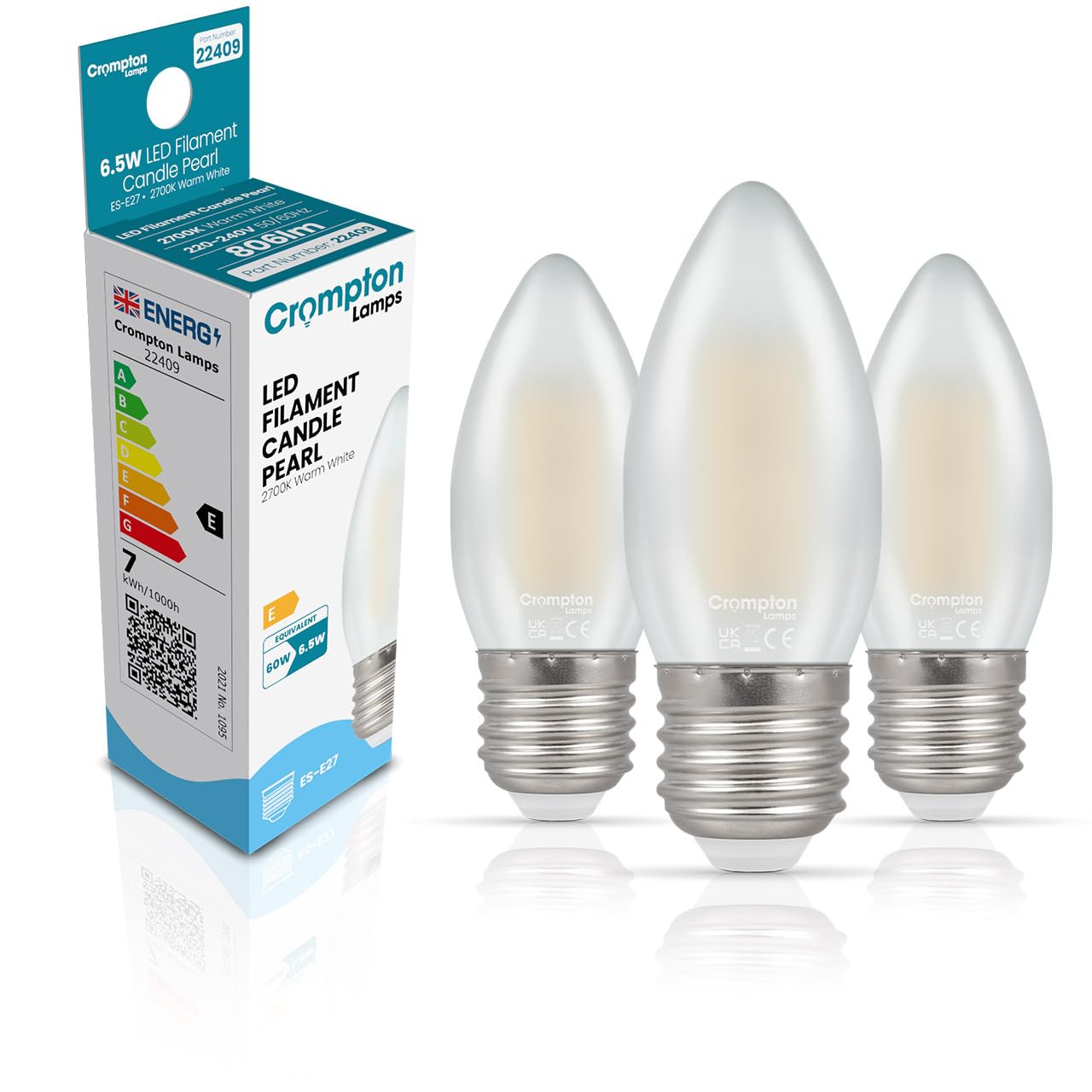 Crompton Lamps Filament Candle LED Light Bulb ES-E27 | 6.5W = 60W Equivalent | Warm White 2700K | Energy Efficient | Edison Screw Lightbulb | Long Life 15,000-Hrs | Pearl Glass | 3-Pack