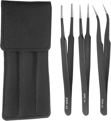 uxcell Juego de 3 pinzas de precisión antiestáticas no magnéticas de acero inoxidable ESD, juego de pinzas de punta fina para laboratorio de