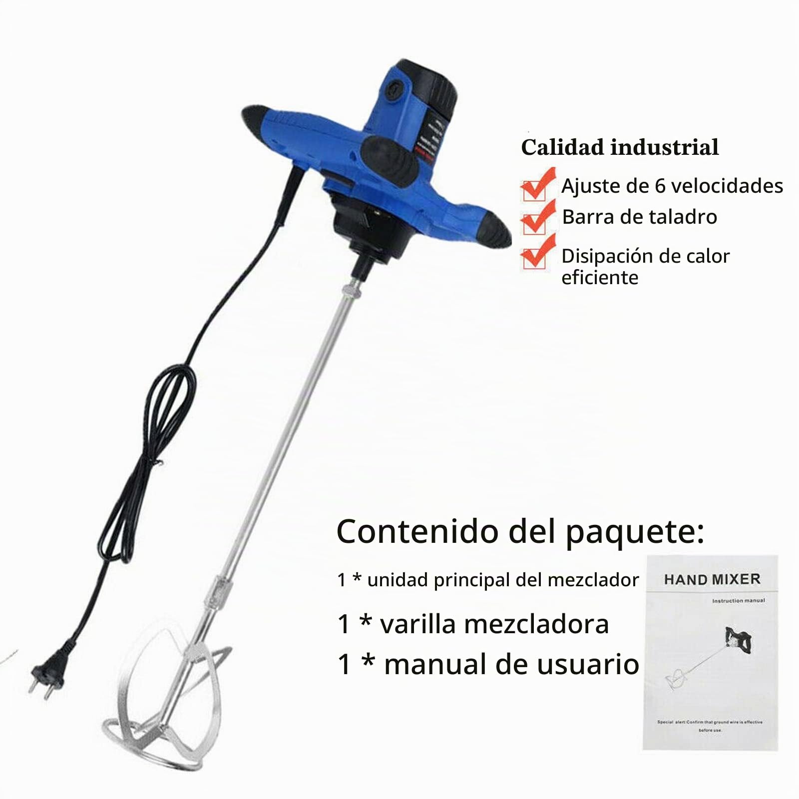 Mezclador manual de 2600 W, mezclador de concreto, portátil de cemento de cemento ajustable, 6 Speed Paint Mixer, 230 V Pádel Drill Mixer Stirring Tool for Mortar Grouts Paint Cement Plastering