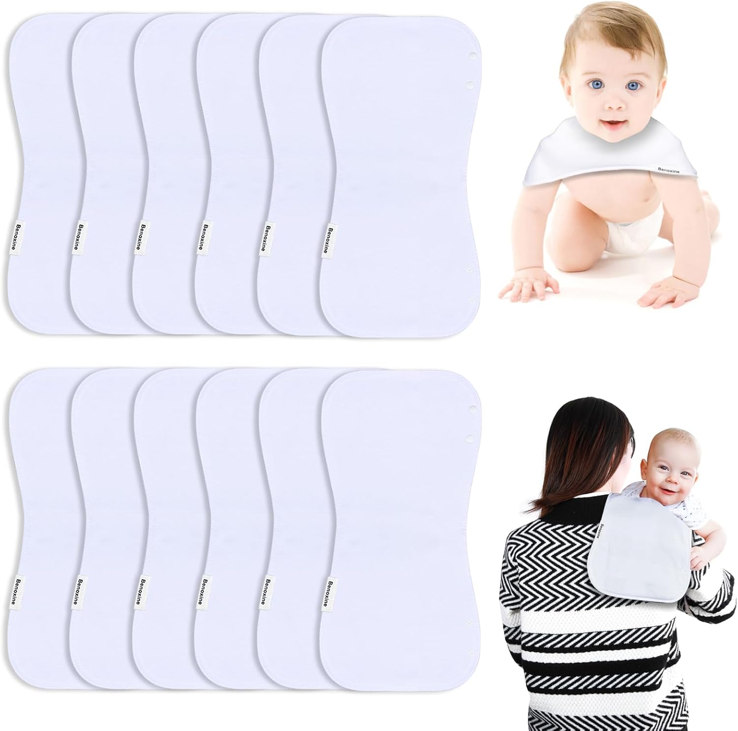 Premium 12-Pack 2-in-1 Baby Burp Cloths & Bibs | Organic Cotton 3-Layer Super Absorbent Burping Cloths & Spit Up Rags for Boys & Girls - Large Size Ideal for Newborn Spit Up