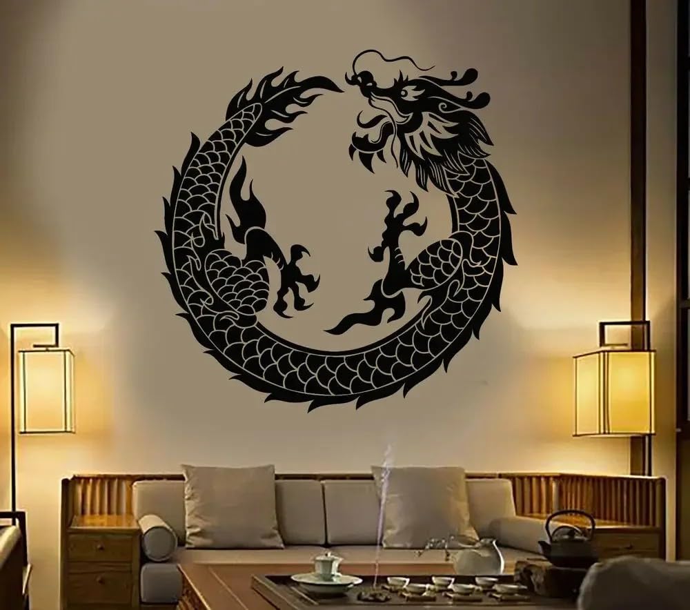 Vinyl Wall Sticker Asian Chinese Dragon Decal Round Fantasy Japanese Style Sticker Home Decor Fashion Art Wall Sticker 57x57cm