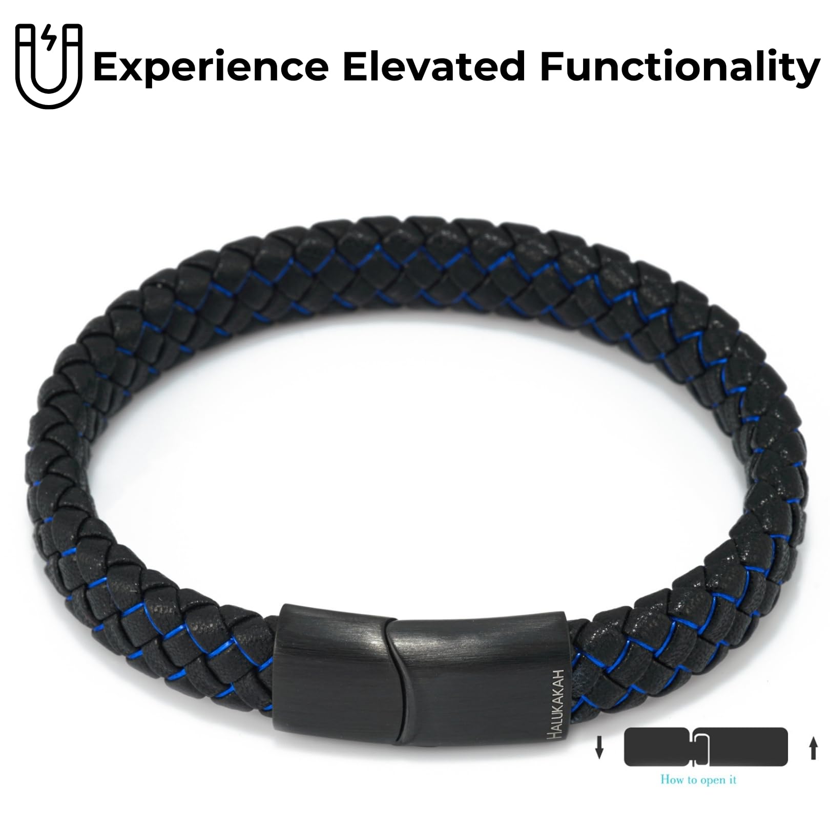 HALUKAKAH ● Veille de Nuit ● Le Bracelet de l’Homme en Cuir Véritable Noire Cordon Rouge/Bleu Fermoir Magnétique Titane 21.5cm avec Le Boîte-Cadeau Gratuit