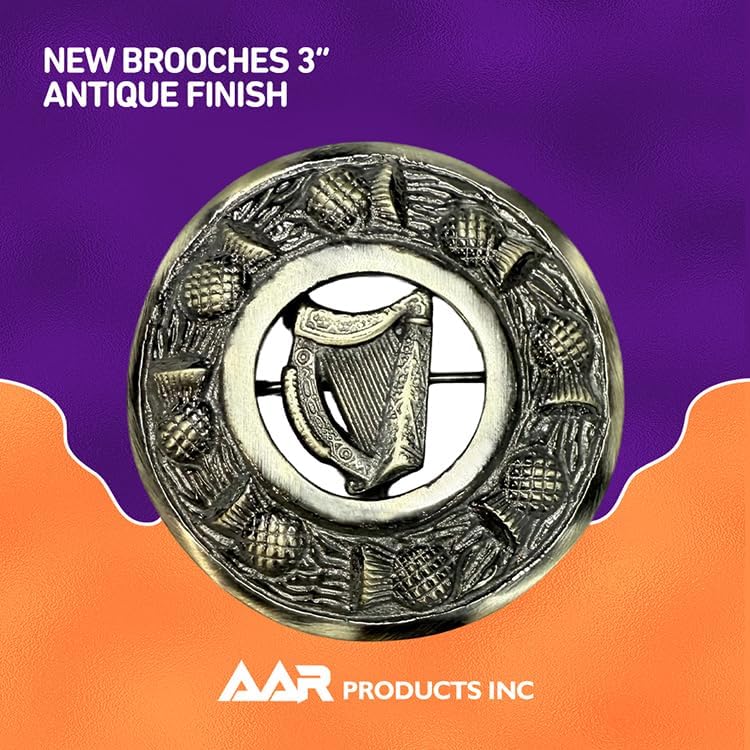 Antique Kilt Brooch for Men with Thistle Design Scottish Fly Plaid 3" (7cm) diameter - Image 3