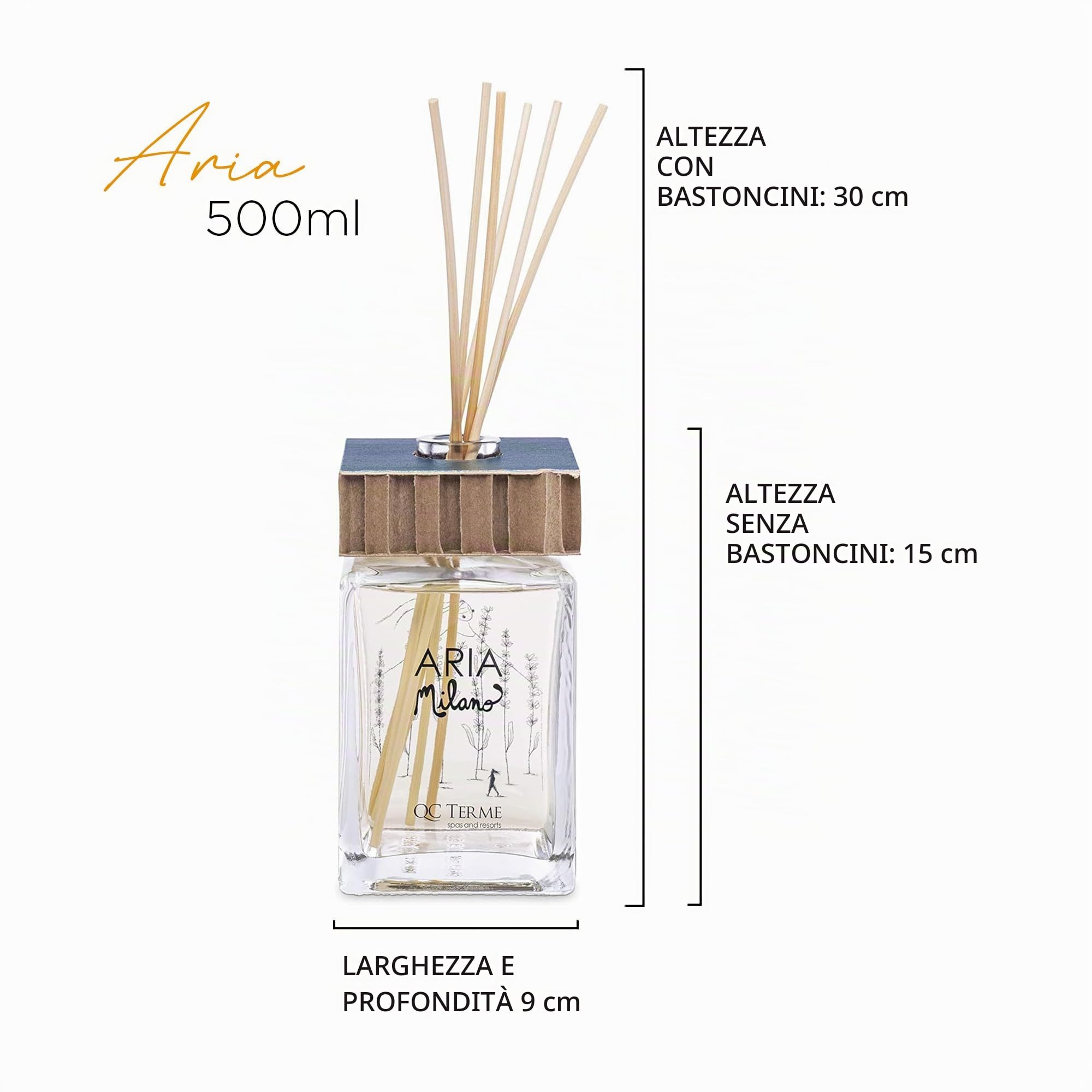QC Terme Aria Milano, Profumatore per Ambiente in Vetro a Bastoncini 500 ml, Fragranza Rilassante con Note alla Lavanda, Made in Italy
