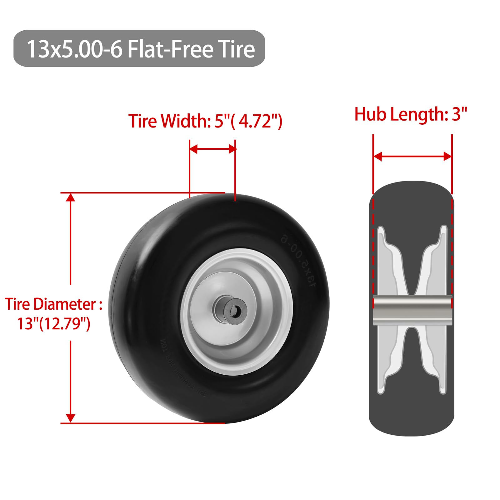 Montaje de rueda y neumático de cortacésped sin planos de 13 x 5.00-6, compatible con cortacéspedes de giro cero, con bujes de grasa de 3/4 y 5/8 pulgadas y un cubo centrado de 3.25 a 5.9