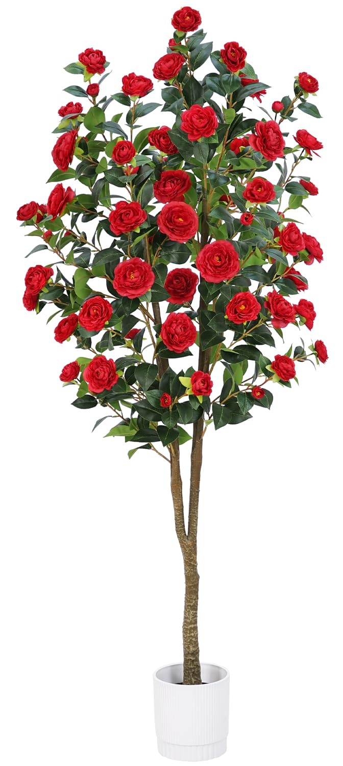Artificial Camellia Tree 6FT – Nearly Natural Faux Plants Indoor, with Easy Assembly, Low Maintenance, Ideal for Both Indoor Decoration and Other Purposes，Perfect Porch Christmas Trees (Red 6FT)