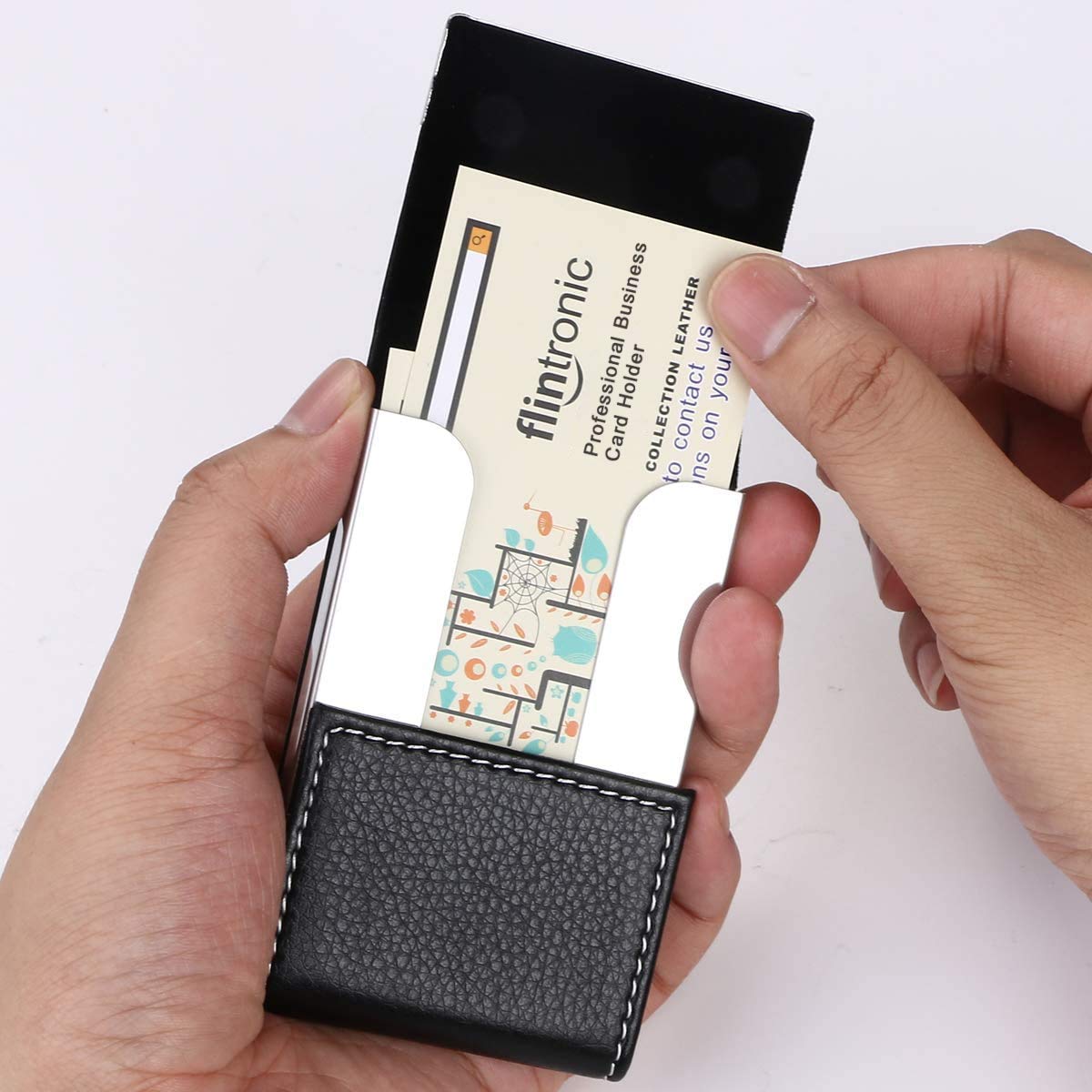 flintronic Etui na wizytówki, etui na karty kredytowe ze skóry PU, smukłe etui na dowód osobisty ze stali nierdzewnej dla mężczyzn/kobiet, podwójnie otwierana klamra magnetyczna, utrzymuje wizytówki w